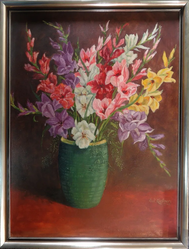 Rudolf Gellner, Grüne Vase mit buntem Blumenstrauß, Öl auf Leinwand