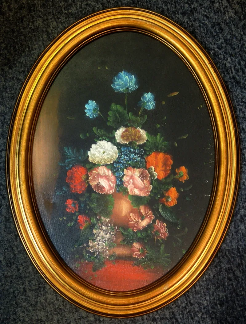 N. N., Vase mit buntem Blumenstrauß I, Öldruck? mit ovalem Rahmen