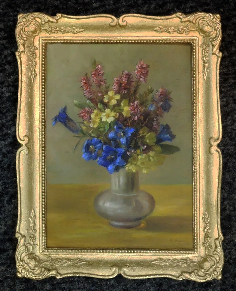 A. Geyer, Bauchige Vase mit Enzian und andere Blumen, Öl auf Pappe