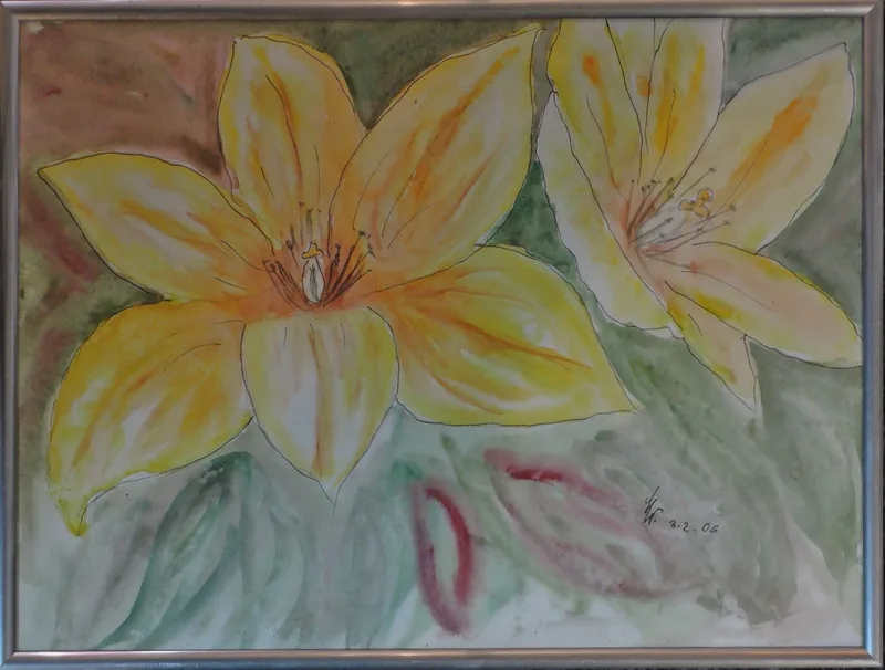 N. N., Gelbe Blüten, Stift und Aquarell