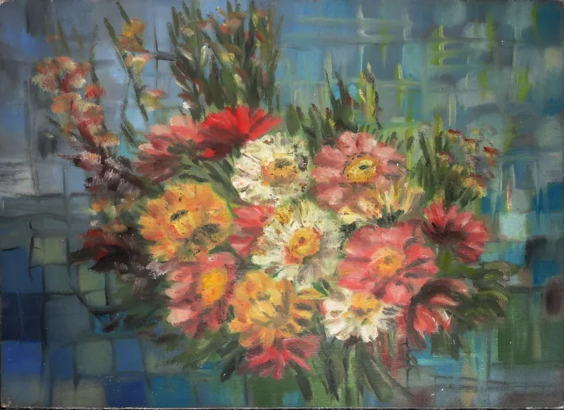 Laika ?, Blumenstrauß, Oil on linen laid down on card