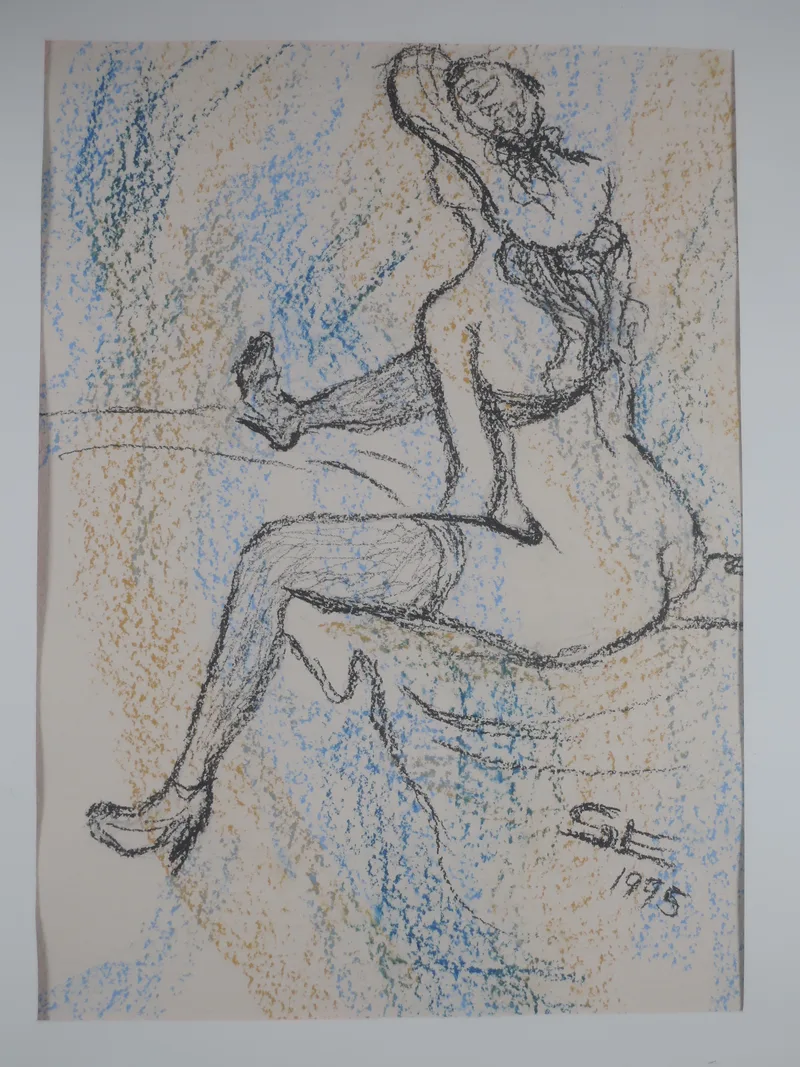 Emil Svaricek, Sitzende mit Hut, Kreide (schwarz blau ocker)