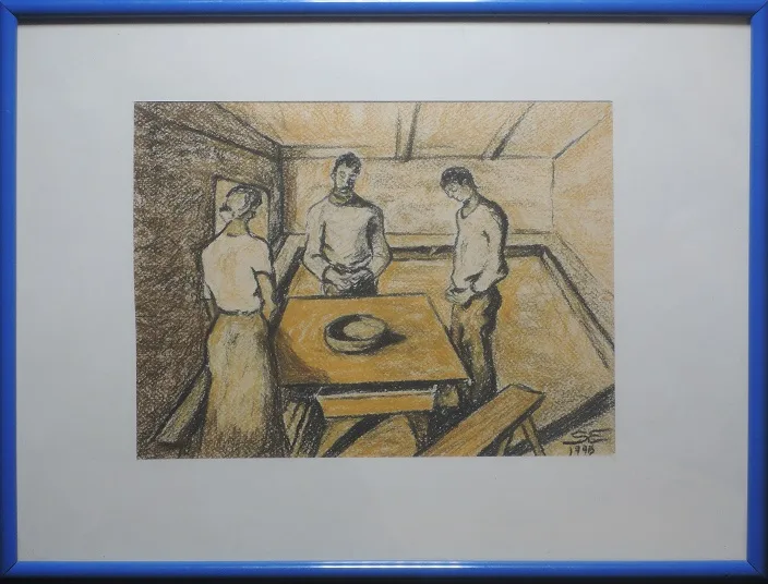 Emil Svaricek, Tischgebet, Kreide (schwarz ocker)