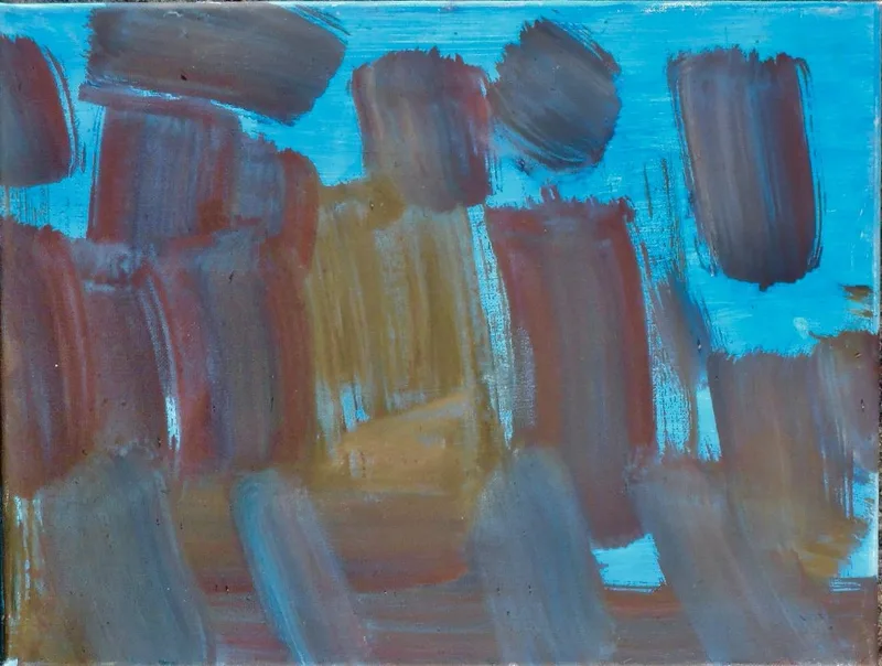 Jungfrau Johanna Artmann, Auf blau, Acryl auf Leinwand, verso