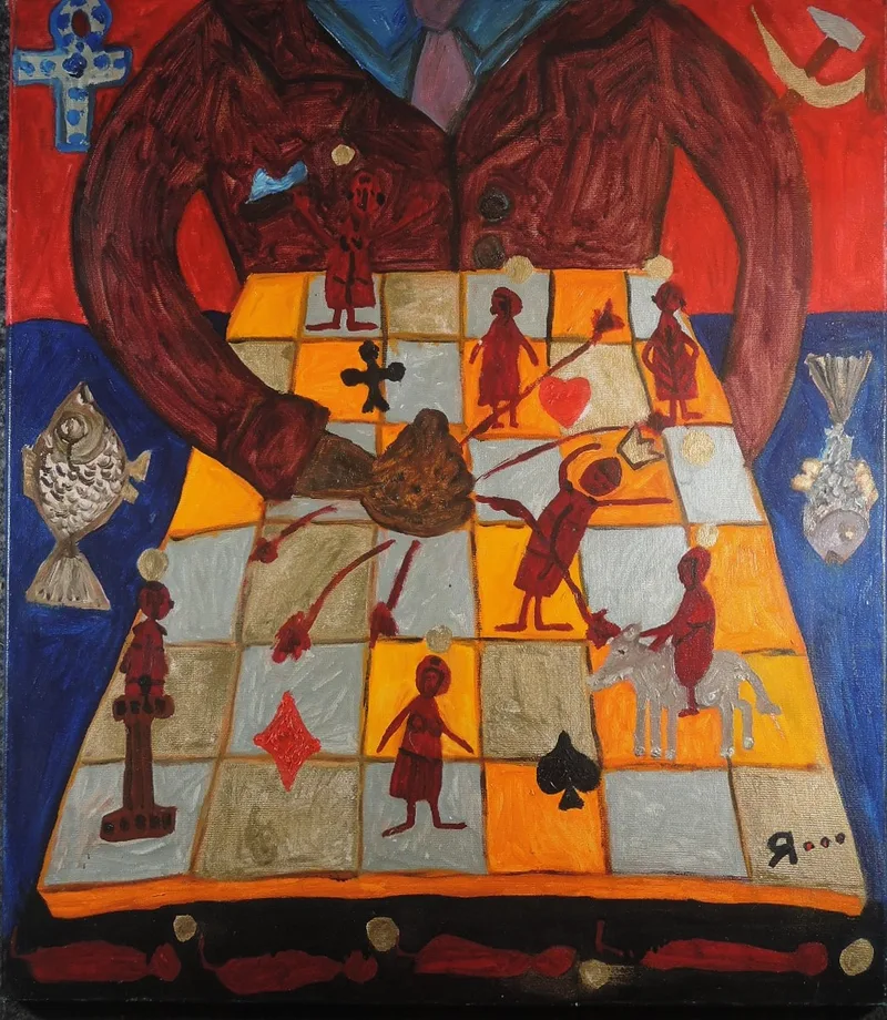 Wladimir Jaremenko Tolstoi, Gewalt entscheidet die Partie, Oil on canvas, verso