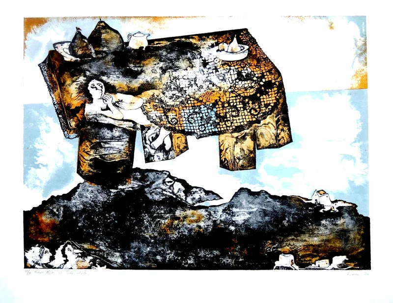 Matheos Florakis, Nature morte sur table volante, Farblitho