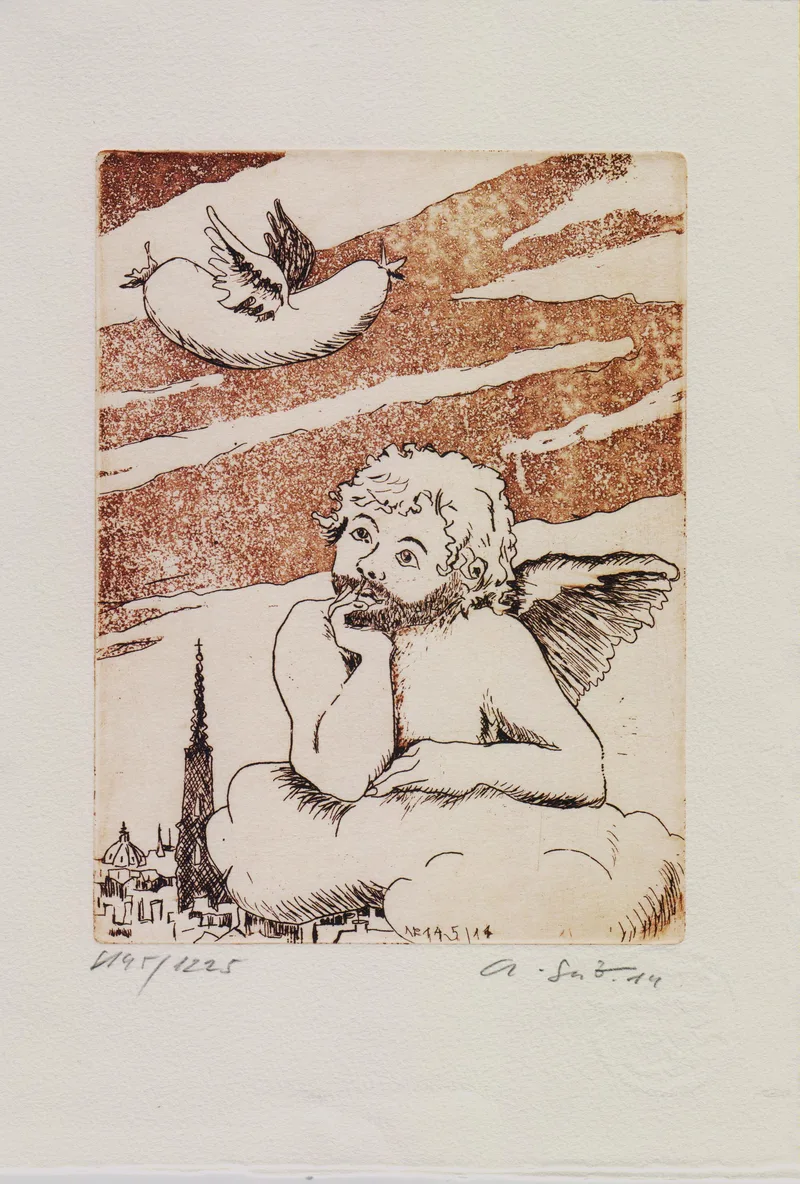 G. Seits, Bratwurstengel, Radierung