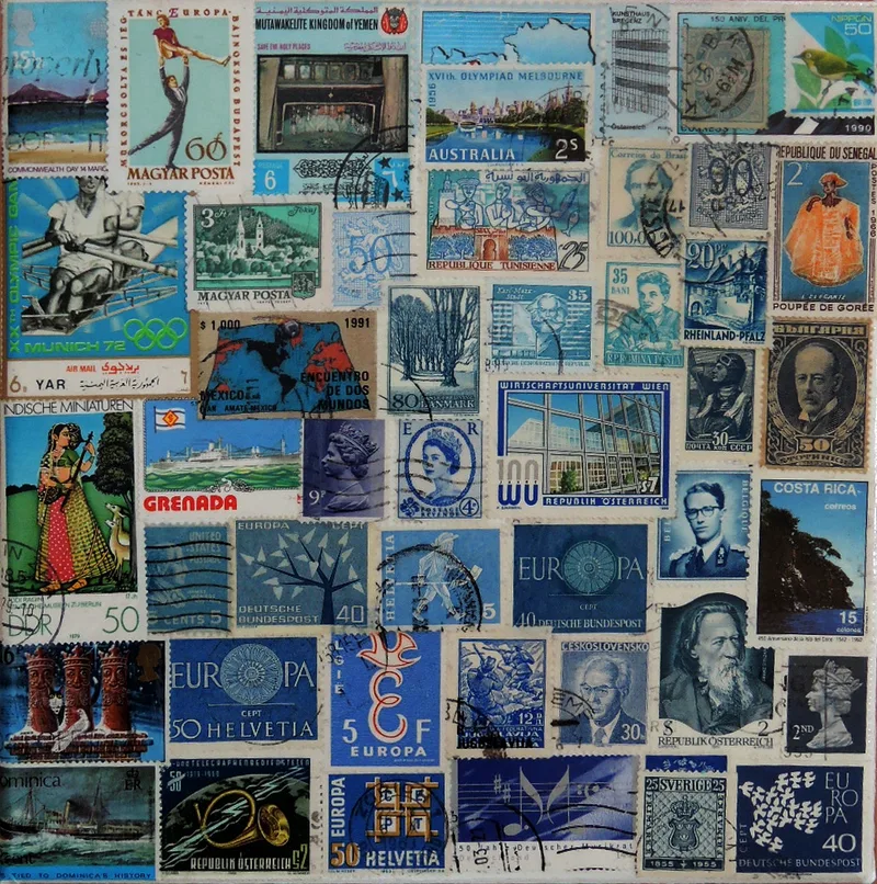 Sabine Jelinkova, Eintönig, Briefmarken auf Leinwand
