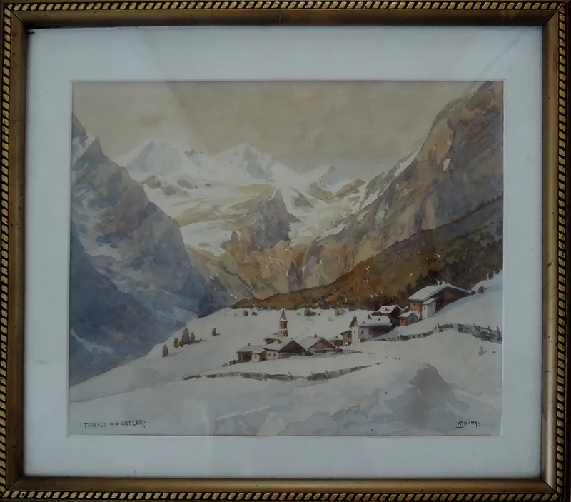 Georg Janny, Trafoi mit dem Ortler, Südtirol, Aquarell
