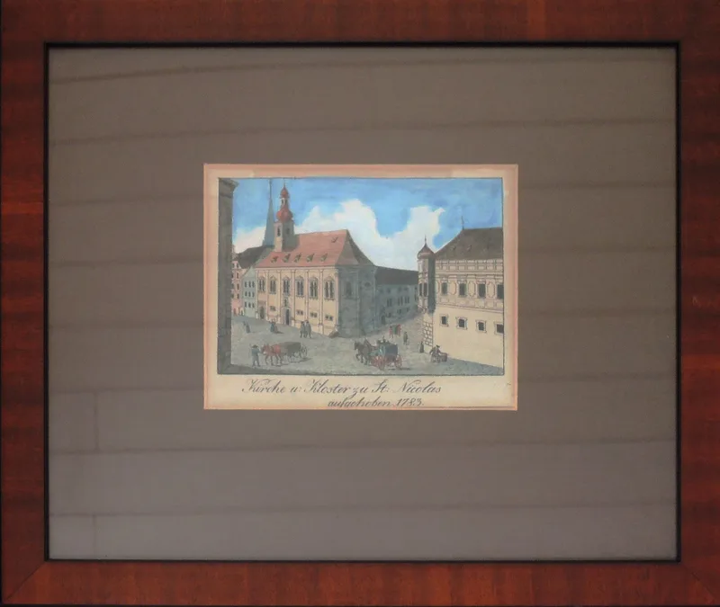 Unbekannt, Kirche und Kloster zu St. Nicolas aufgehoben 1783, Altkolorierte Lithographie