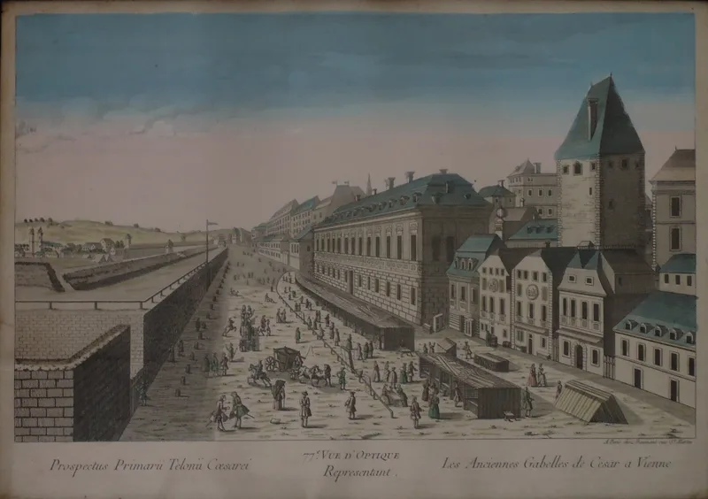 Unbekannt, Vue d´optique representant les anciennes gabettes de Cesar a Vienne, Kupfer koloriert