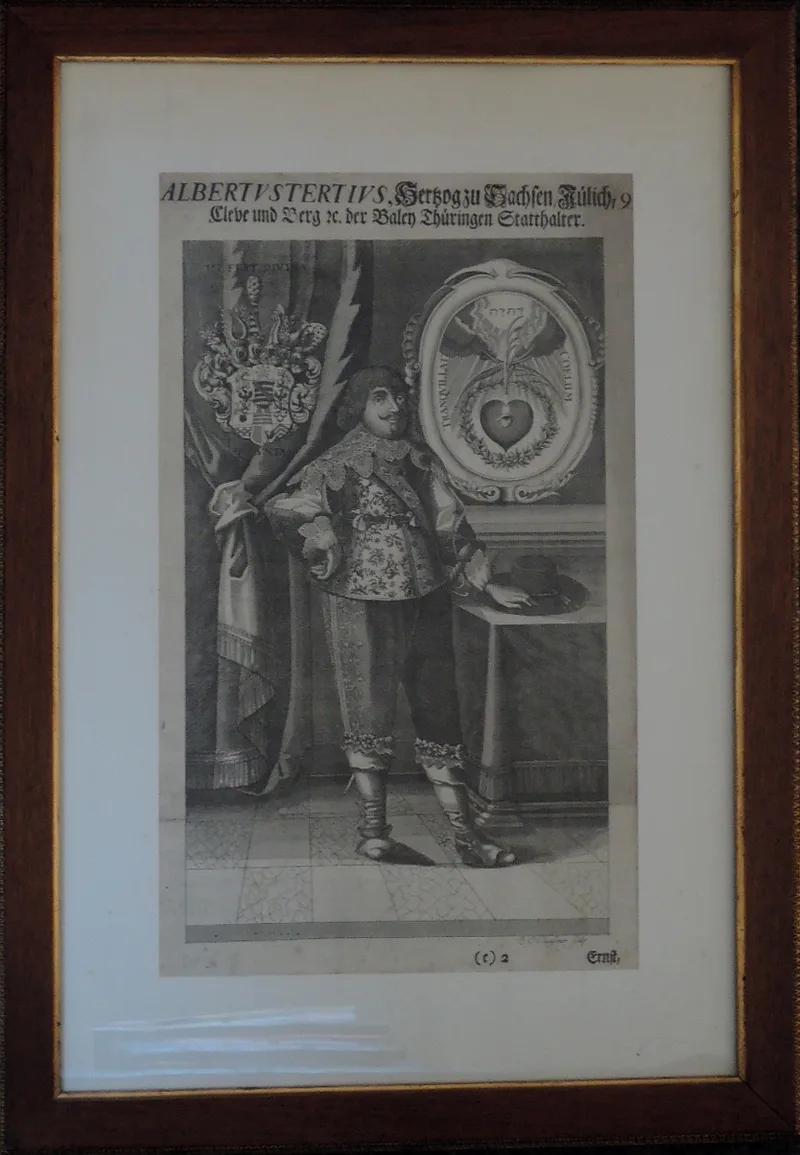 J. C. Claussner, Portrait von Albertus Tertius, Herzog zu Sachsen Jülich Cleve und Berg, der Baley Thüringen Statthalter 1453-1550, Metal engraving c. 1700