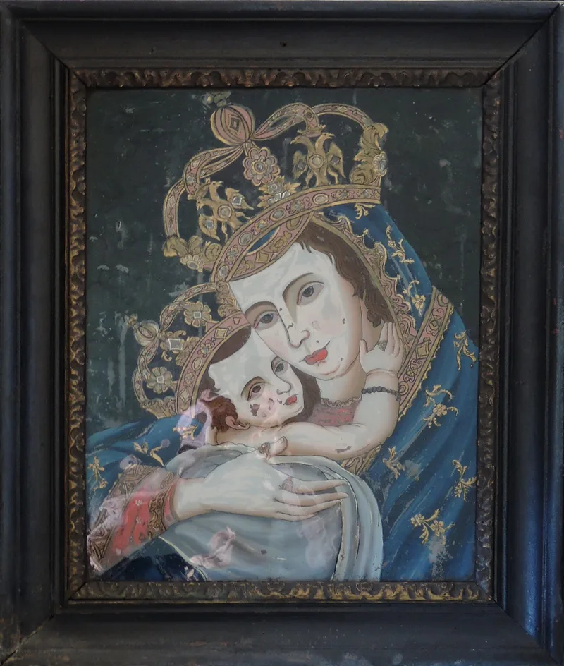 Unbekannt, Maria Mutter Gottes mit Kind, Hinterglasmalerei ca. 1900