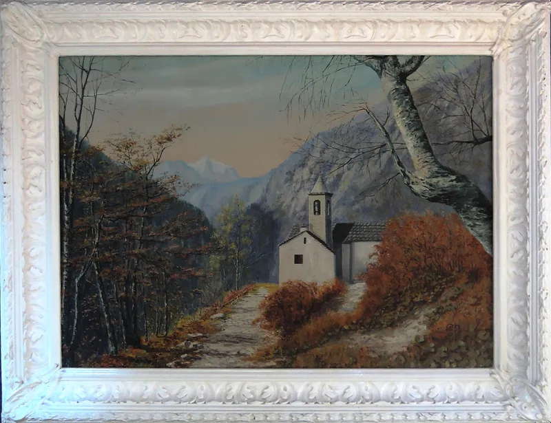 Monogrammist CS, Berglandschaft mit Kirchlein, Öl auf Pressspan 1961