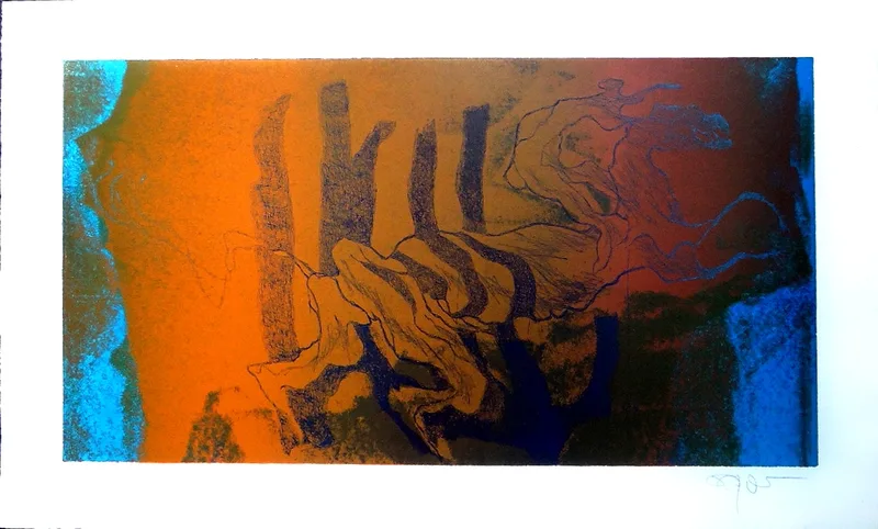 Fred Nowak, Verschlungener Reiter auf blau, Lithographie