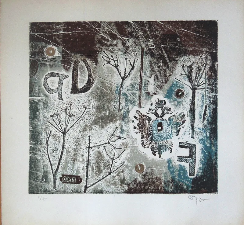 Fred Nowak, Geier zu zweit, Materialdruck 1968