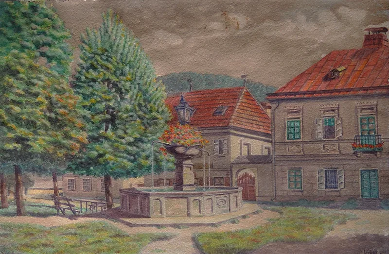 Albert Kontrus, Dorfplatz mit Brunnen, Aquarell