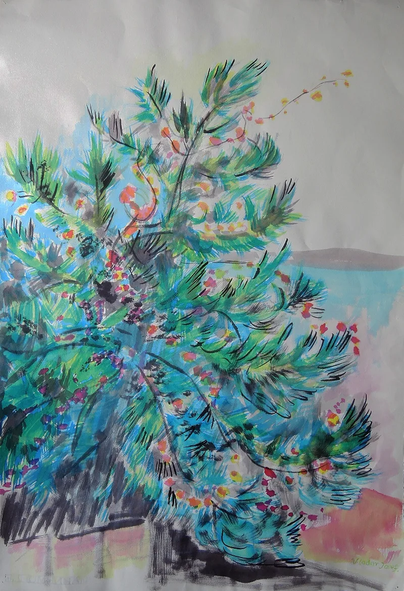 Josef O. Wladar, Baum II, Mixed media on handmade paper undated