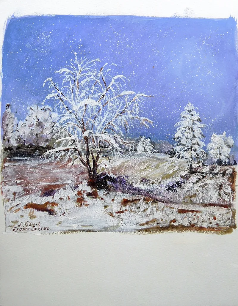 Lieselotte Gluth, Erster Schnee, Mischtechnik betitelt originalsigniert
