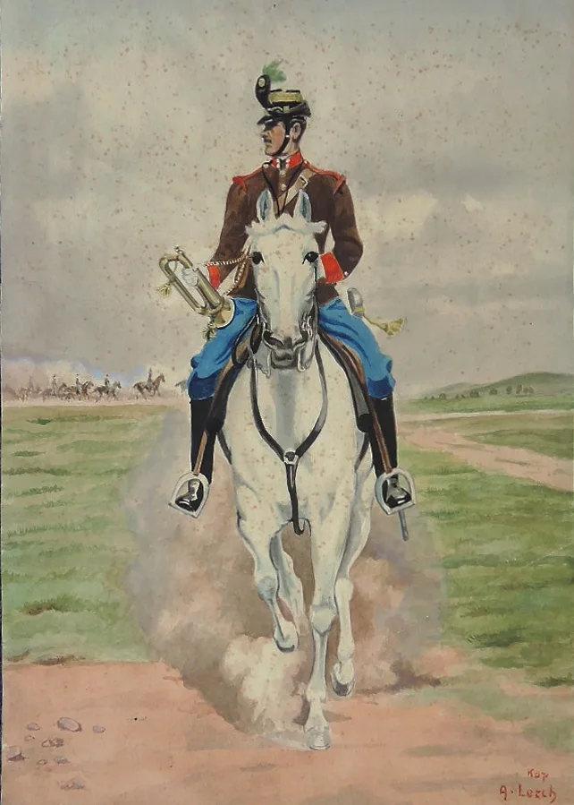 G. LERCH, Reitender Trompeter, Aquarell