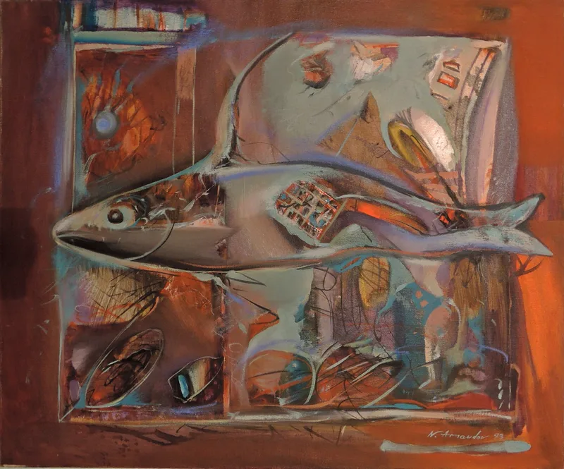 Nikolai Arnaudov, Aquarium, Mischtechnik auf Leinwand 1993