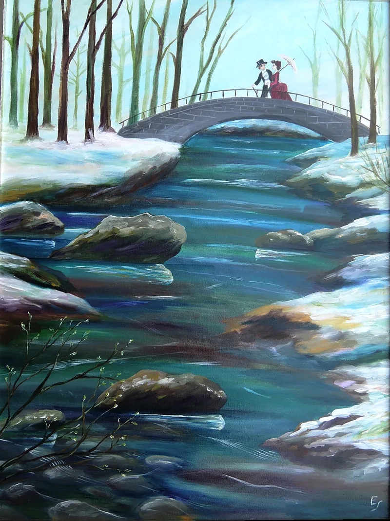 Monogrammist ES, Paar auf der Brücke, Oil on linen
