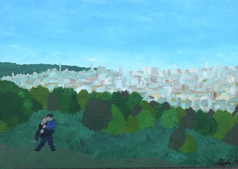 Unbekannt, Paar vor der Stadt, Oil on canvas wooden frame