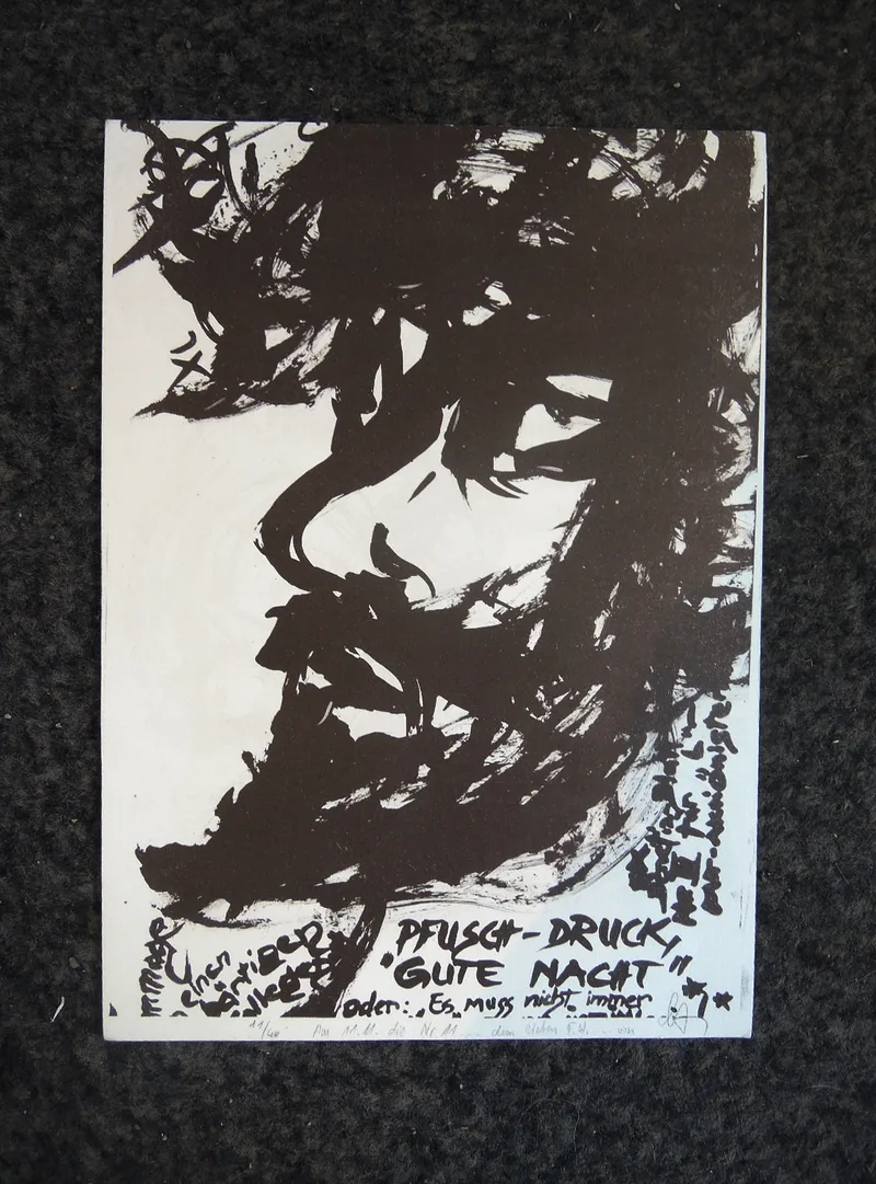 Karl Anton Fleck, Pfusch-Druck „Gute Nacht“ Hommage an einen bärtigen Kollegen oder „Es muss nicht immer…“, Lithograph