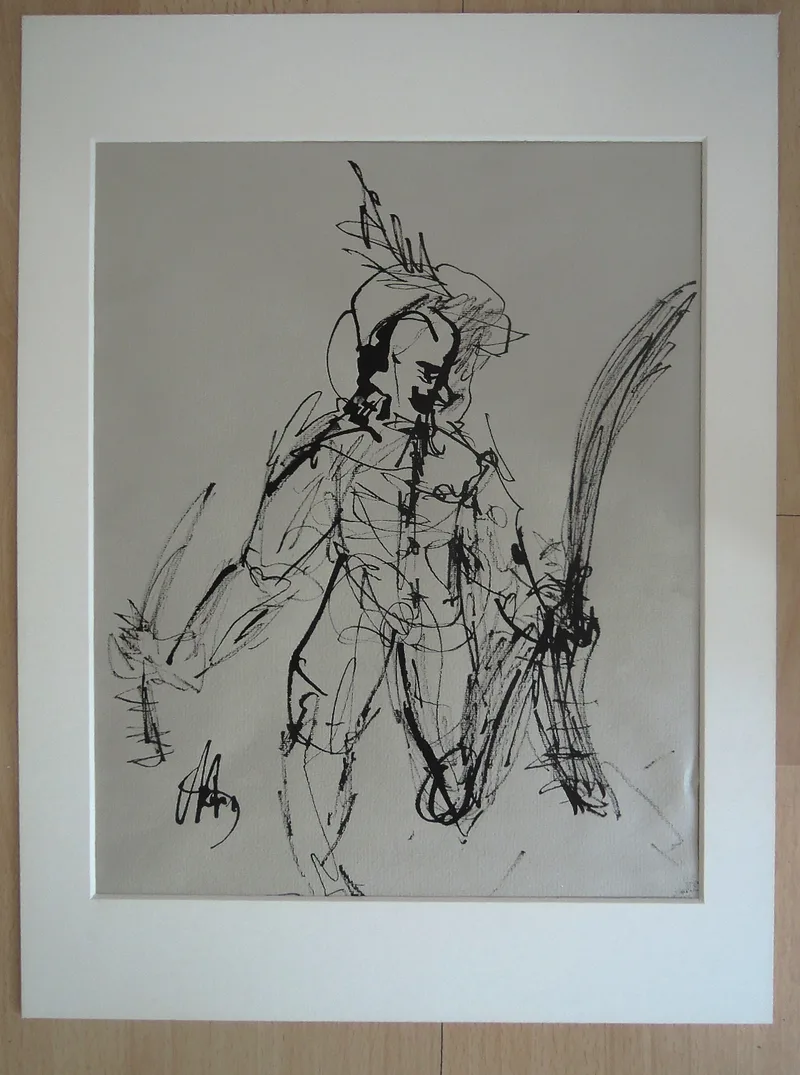 Unbekannt, Männliche Figur mit Säbel, Mixed media on paper