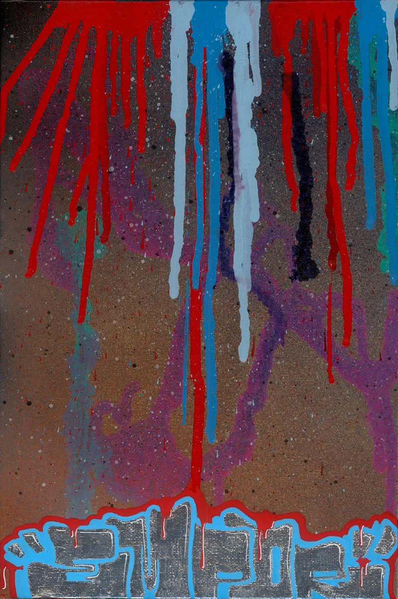 Rubin, Dripping, Marker auf Leinwandkarton