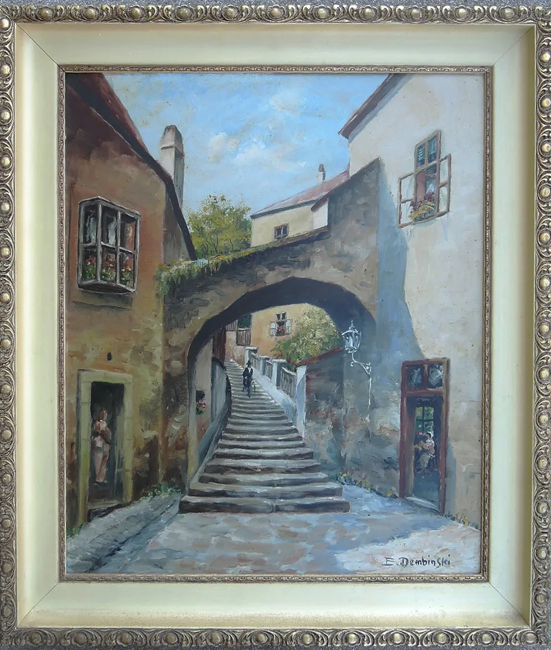 E. Dembinski, Fischerstiege/Rugenstiege in Stein/Donau, Wachau, Öl auf Pressspan