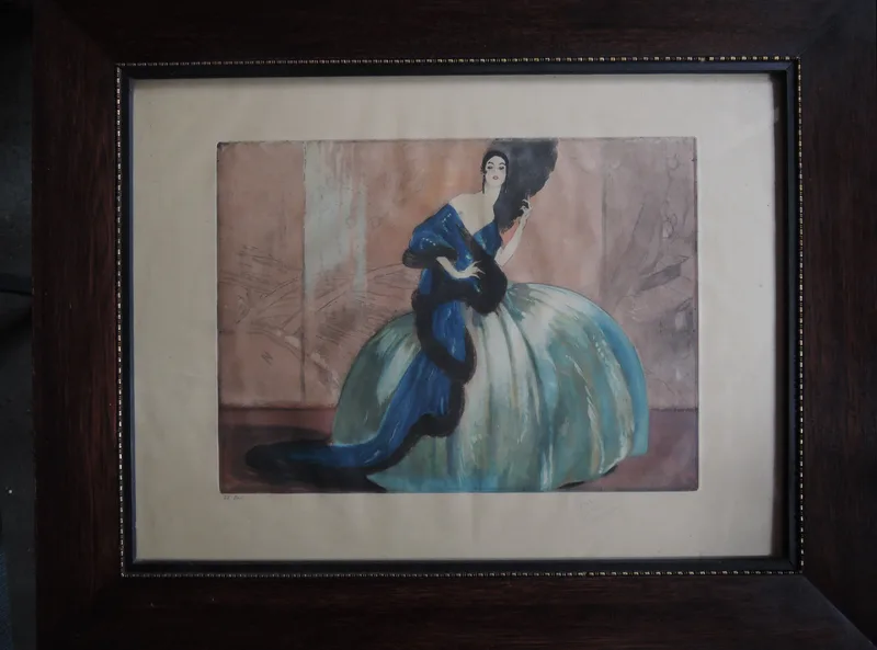 Jean Gabriel Domergue, Dame mit Reifrock, Kunstdruck nach Aquarell, o