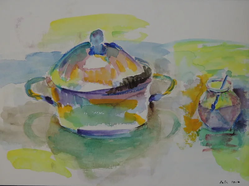 Susanne Sayici, Stillleben mit Topf, Aquarell