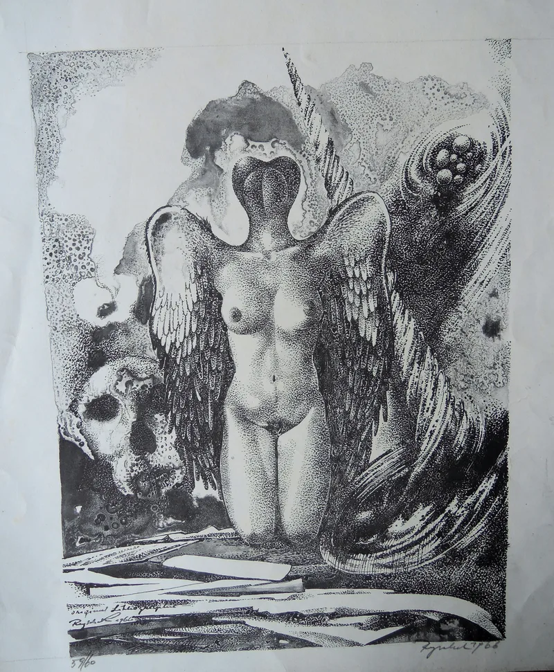 Kurt Regschek, Kniender weiblicher Akt mit Flügeln, Lithographie, o