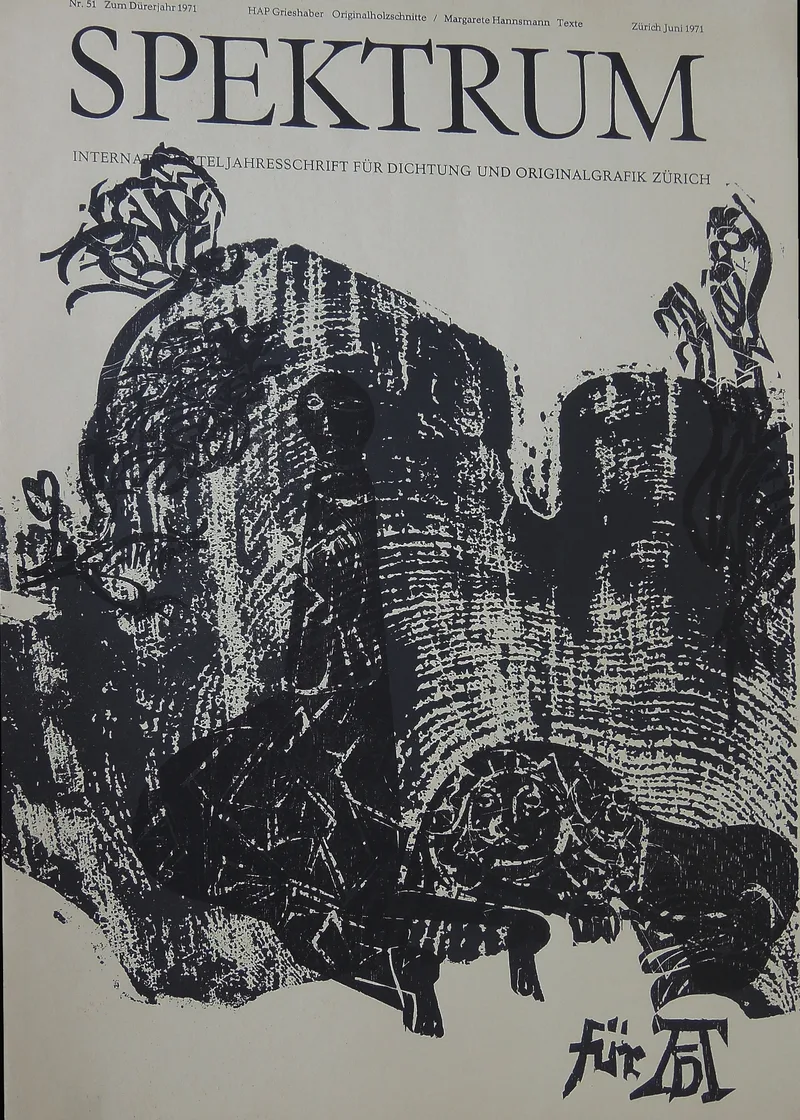 HAP Grieshaber Dürerjahr 1971, Holzschnitte, Anzahl: 7 (1 doppelseitig), 2 davon originalsigniert, in SPEKTRUM: Internationale Vierteljahresschrift für Dichtung und Originalgrafik, Zürich, Nr. 51, Juni 1971