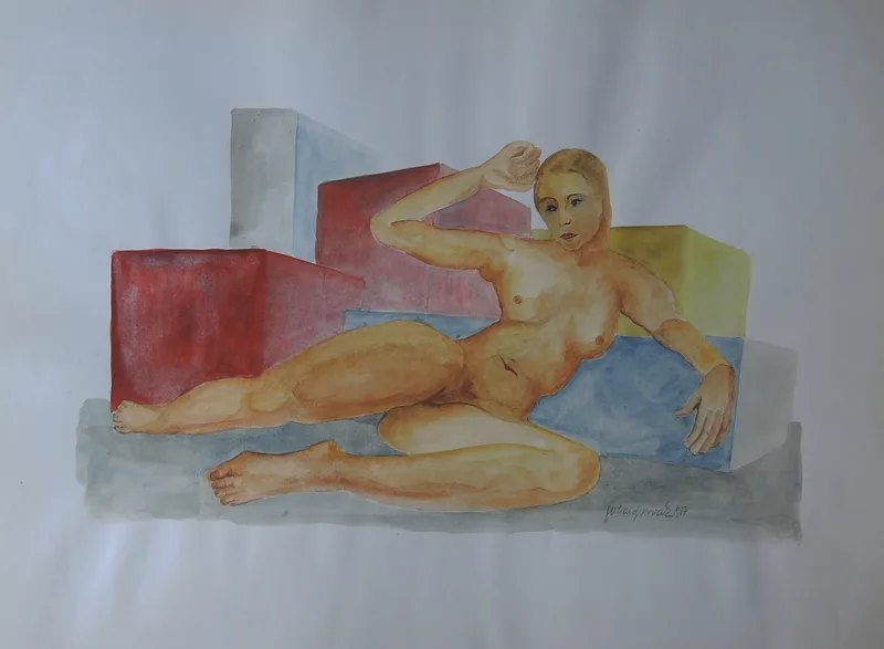 Gerhard Nowak, Weiblicher Akt liegend bunt, Aquarell
