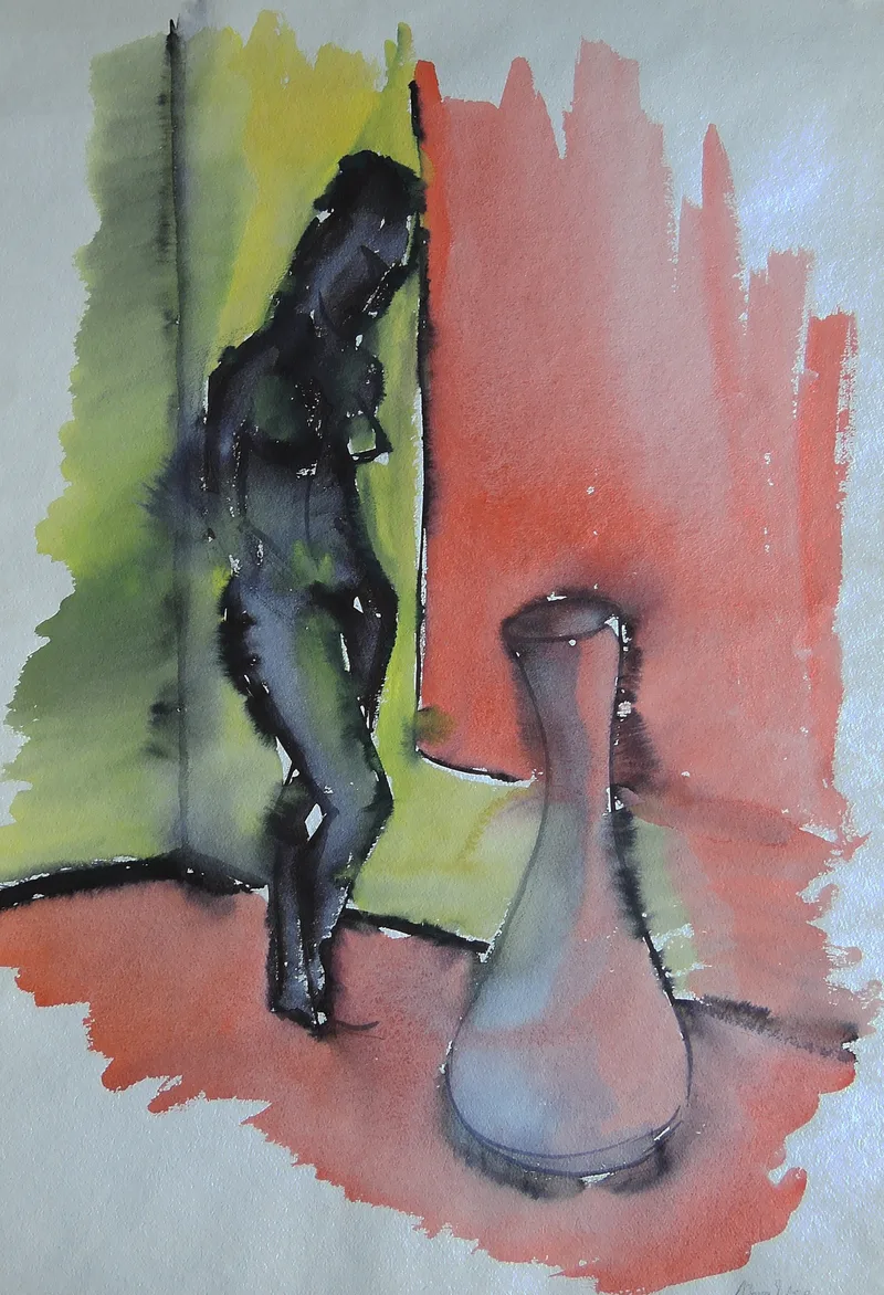 Gerhard Nowak, Weiblicher Akt mit Vase, Aquarell