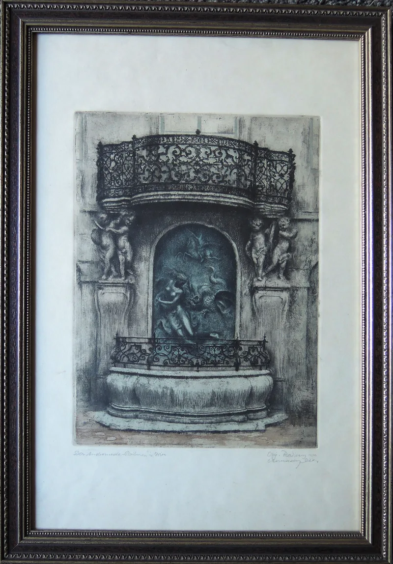 Erhard Amadeus-Dier, Der Andromeda-Brunnen in Wien I, Altes Rathaus Wipplinger Str. 8, Radierung