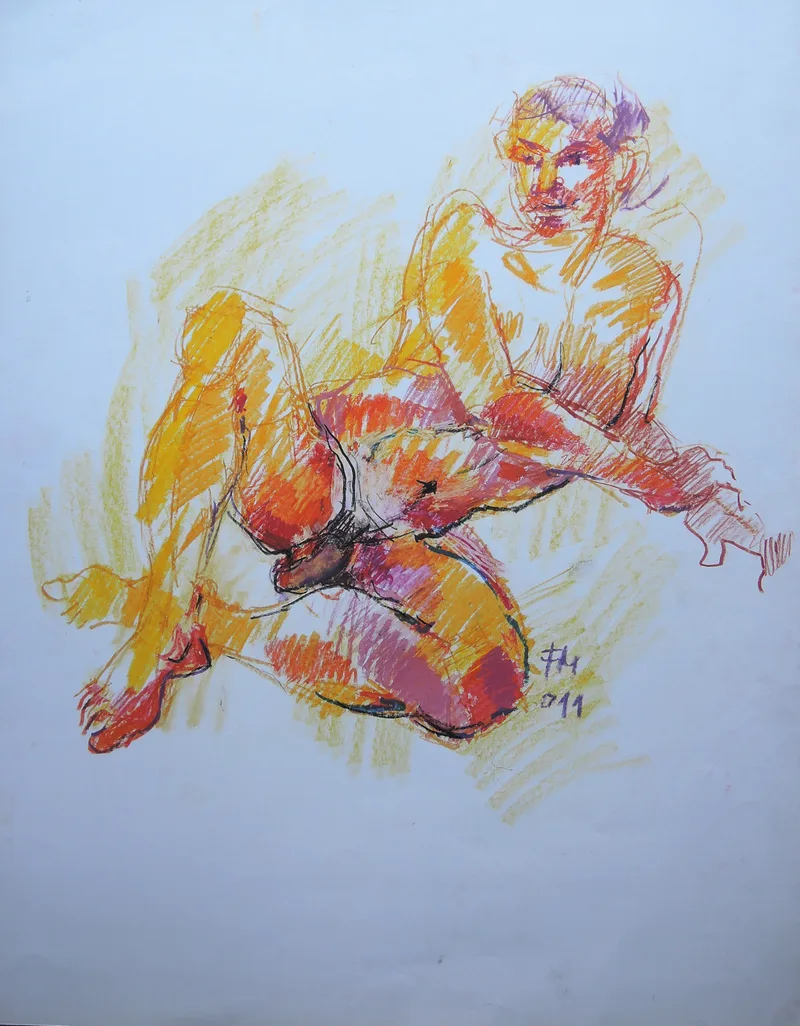 Fritz Miedler, Männlicher Akt II, Chalk (yellow, red, violet)