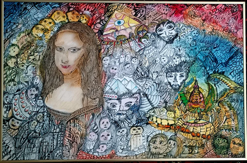 Lutz Peuker, Mona und die Gaffer, Collage und Tusch auf Karton