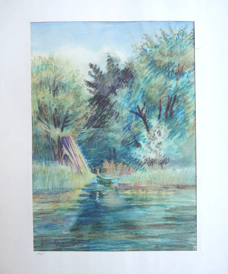 Theodor Klotz-Dürrenbach, Flusslandschaft mit Kahn, Mischtechnik o