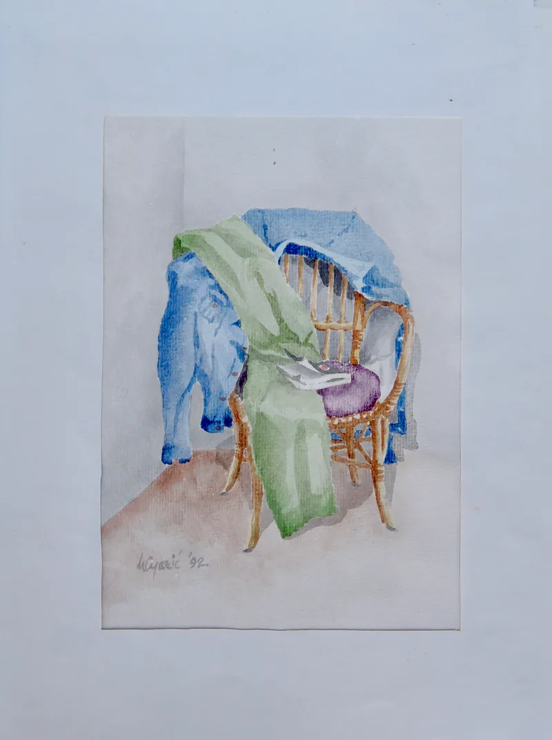H. Cyaric, Stillleben mit Fauteuil, Aquarell o