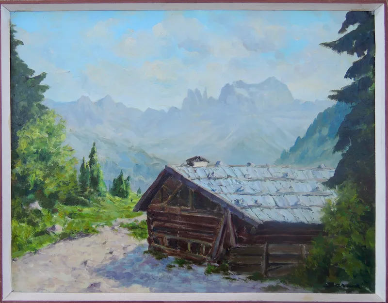 Hans Barma, Berghütte mit Gebirge, Öl auf Leinwand