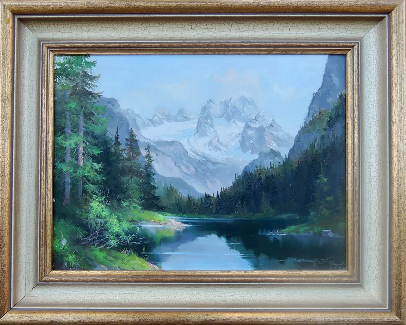 Walter Grandl, Gosausee mit Dachstein (Oberösterreich), Öl auf Platte