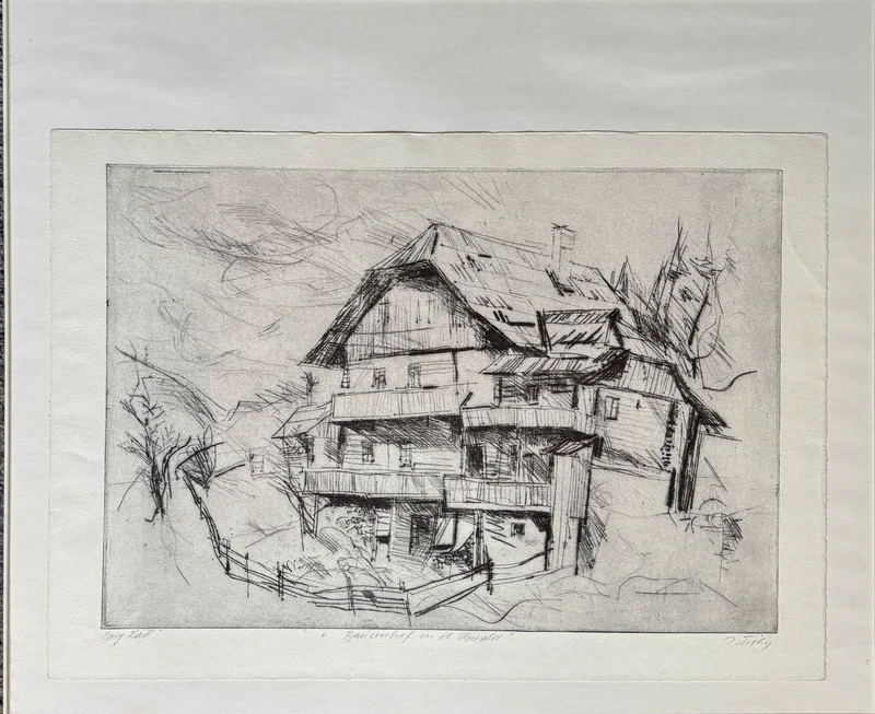 Josef Tichy, Bauernhof in St. Oswald (Kärnten), Etching o