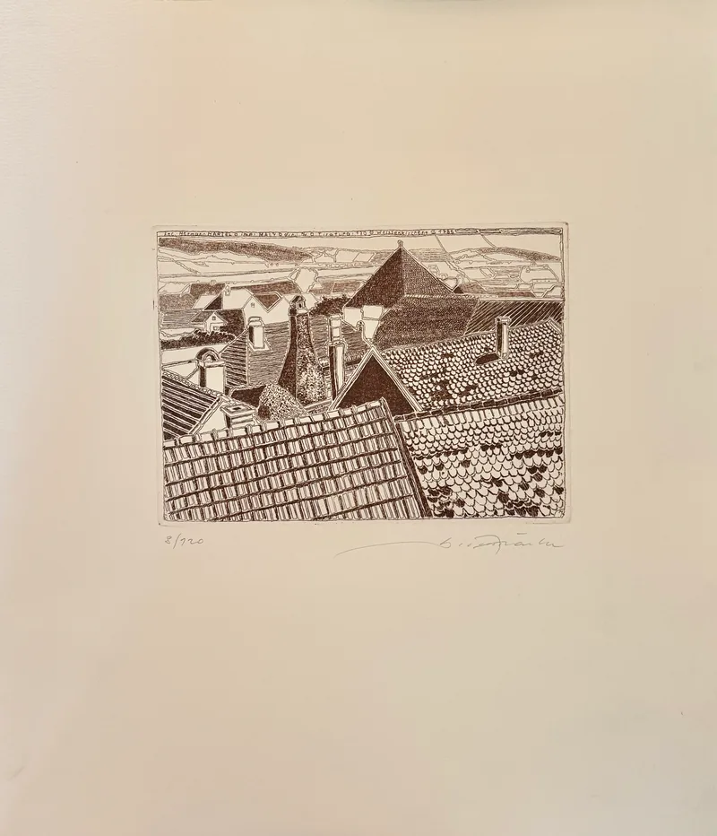 Hermann Härtel, Dachlandschaft in Weißenkirchen, Radierung aus der Mappe „Die Wachau“ mit Text von Rotraut Hackermüller 1985