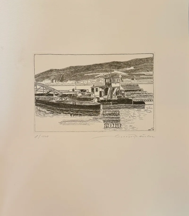 Hermann Härtel, Fähre bei Rossatz, Radierung aus der Mappe „Die Wachau“ 1985