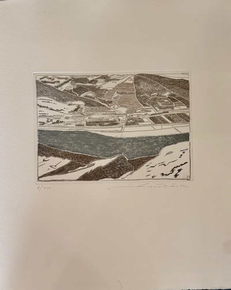 Hermann Härtel, Zwischen Aggsbach und Willendorf, Radierung aus der Mappe „Die Wachau“ 1985