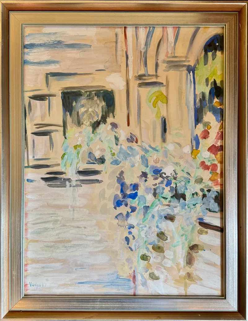 Unbekannt, Fenster mit üppiger Blumenpracht, Watercolour