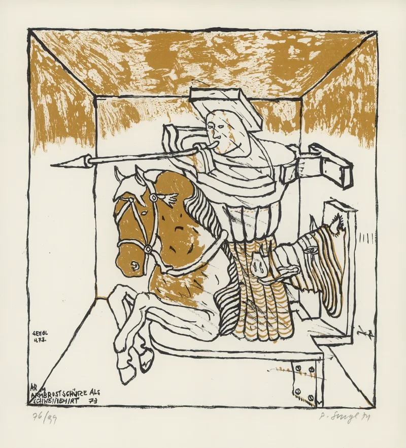 Peter Sengl, Armbrustschütze als Schweinehirt, Lithographie